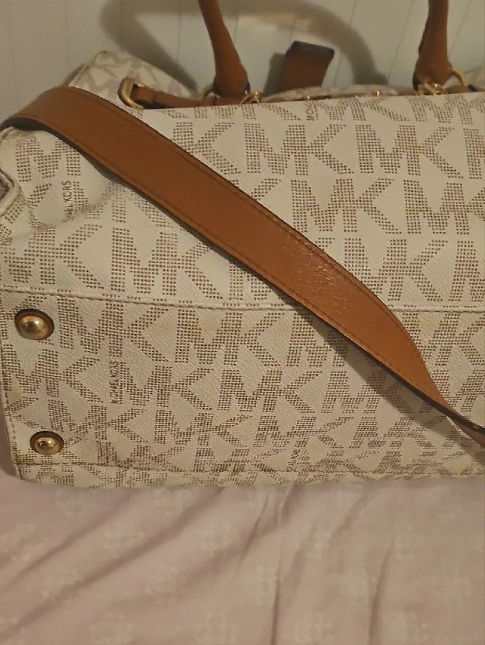 Michael Kors Cream Monogram Tote with Tan Leather Accents